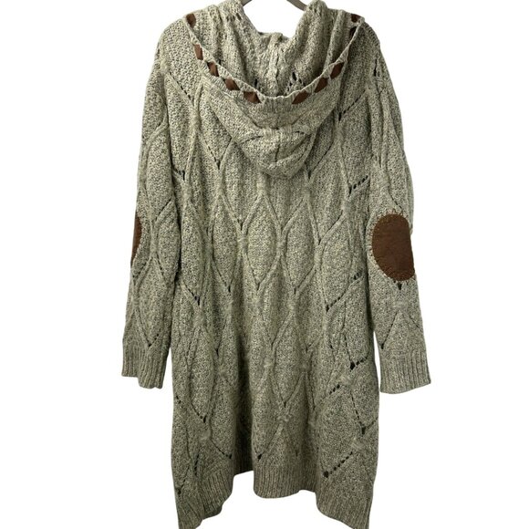 POL Cardigan Sweater M Beige Faux Suede Cable Hood Duster Long Boho Western` - Picture 8 of 16